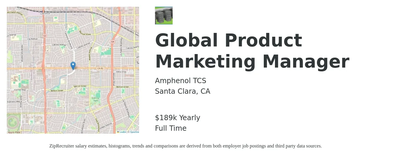 Amphenol TCS job posting for a Global Product Marketing Manager in Santa Clara, CA with a salary of $189,260 Yearly with a map of Santa Clara location.