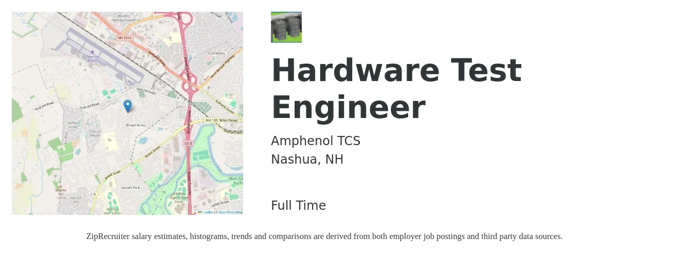 Amphenol TCS job posting for a Hardware Test Engineer in Nashua, NH with a salary of $42 to $70 Hourly with a map of Nashua location.