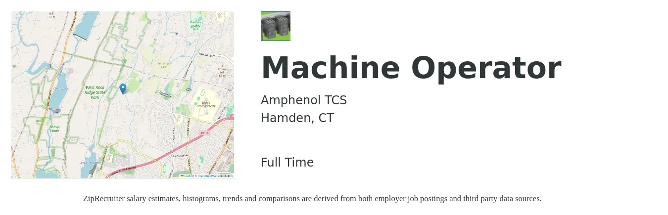Amphenol TCS job posting for a Machine Operator in Hamden, CT with a salary of $17 to $20 Hourly with a map of Hamden location.