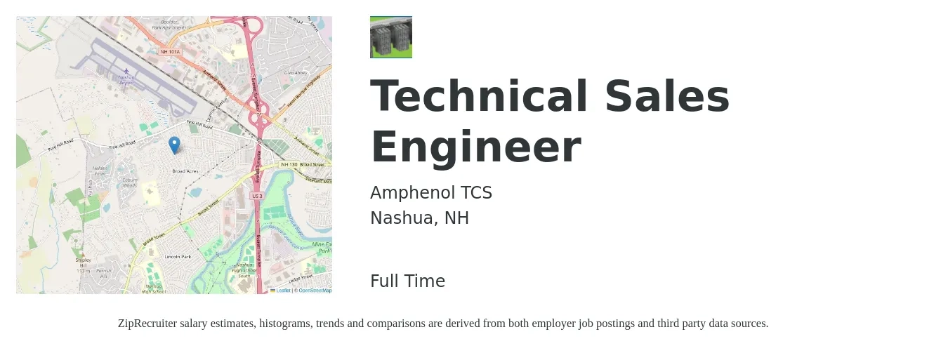 Amphenol TCS job posting for a Technical Sales Engineer in Nashua, NH with a salary of $69,200 to $101,000 Yearly with a map of Nashua location.