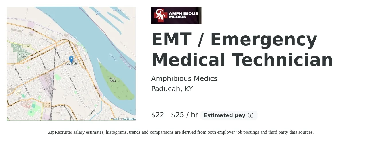 Amphibious Medics job posting for a EMT / Emergency Medical Technician in Paducah, KY with a salary of $23 to $26 Hourly with a map of Paducah location.