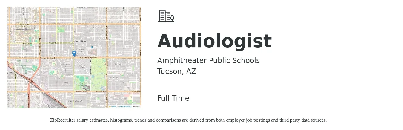 Amphitheater Public Schools job posting for a Audiologist in Tucson, AZ with a salary of $63,100 to $88,200 Yearly with a map of Tucson location.