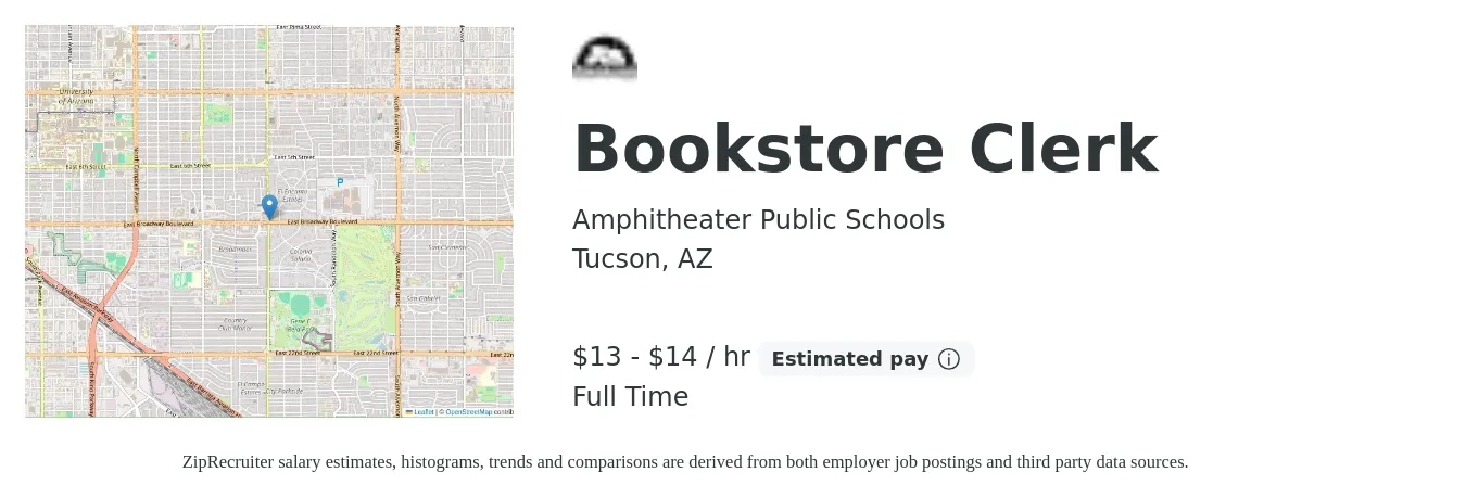 Amphitheater Public Schools job posting for a Bookstore Clerk in Tucson, AZ with a salary of $13 to $15 Hourly with a map of Tucson location.