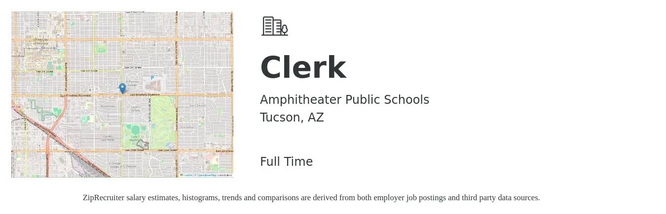 Amphitheater Public Schools job posting for a Clerk in Tucson, AZ with a salary of $14 to $20 Hourly with a map of Tucson location.