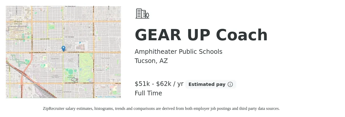 Amphitheater Public Schools job posting for a GEAR UP Coach in Tucson, AZ with a map of Tucson location.