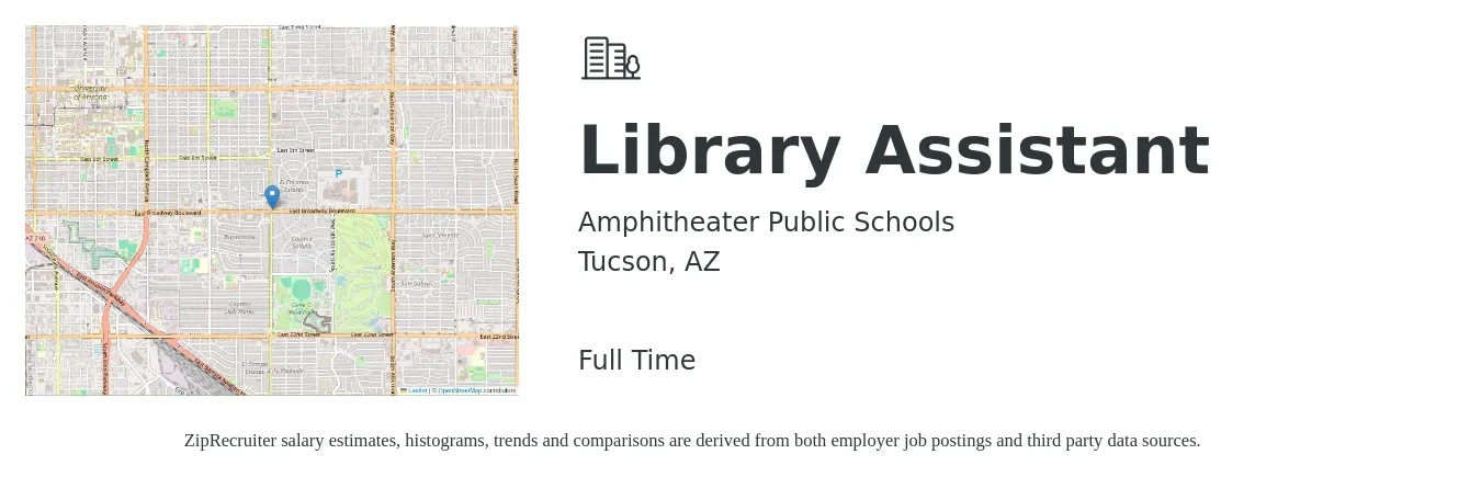 Amphitheater Public Schools job posting for a Library Assistant in Tucson, AZ with a salary of $14 to $19 Hourly with a map of Tucson location.