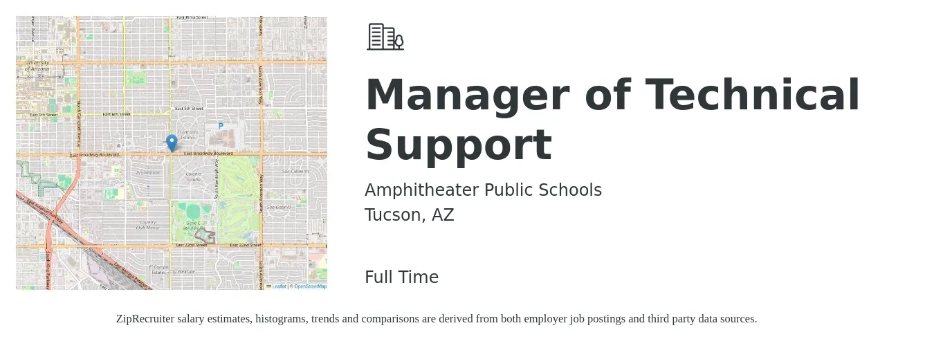 Amphitheater Public Schools job posting for a Manager of Technical Support in Tucson, AZ with a salary of $58,200 to $93,100 Yearly with a map of Tucson location.