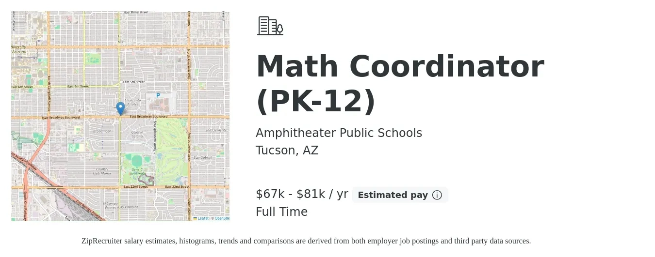 Amphitheater Public Schools job posting for a Math Coordinator (PK-12) in Tucson, AZ with a salary of $29 to $43 Hourly with a map of Tucson location.