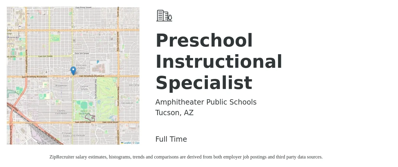 Amphitheater Public Schools job posting for a Preschool Instructional Specialist in Tucson, AZ with a salary of $38,700 to $56,700 Yearly with a map of Tucson location.