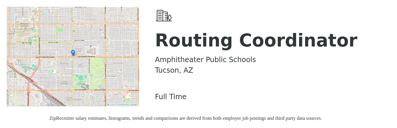 Amphitheater Public Schools job posting for a Routing Coordinator in Tucson, AZ with a salary of $18 to $26 Hourly with a map of Tucson location.