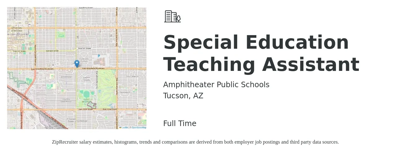 Amphitheater Public Schools job posting for a Special Education Teaching Assistant in Tucson, AZ with a salary of $13 to $16 Hourly with a map of Tucson location.