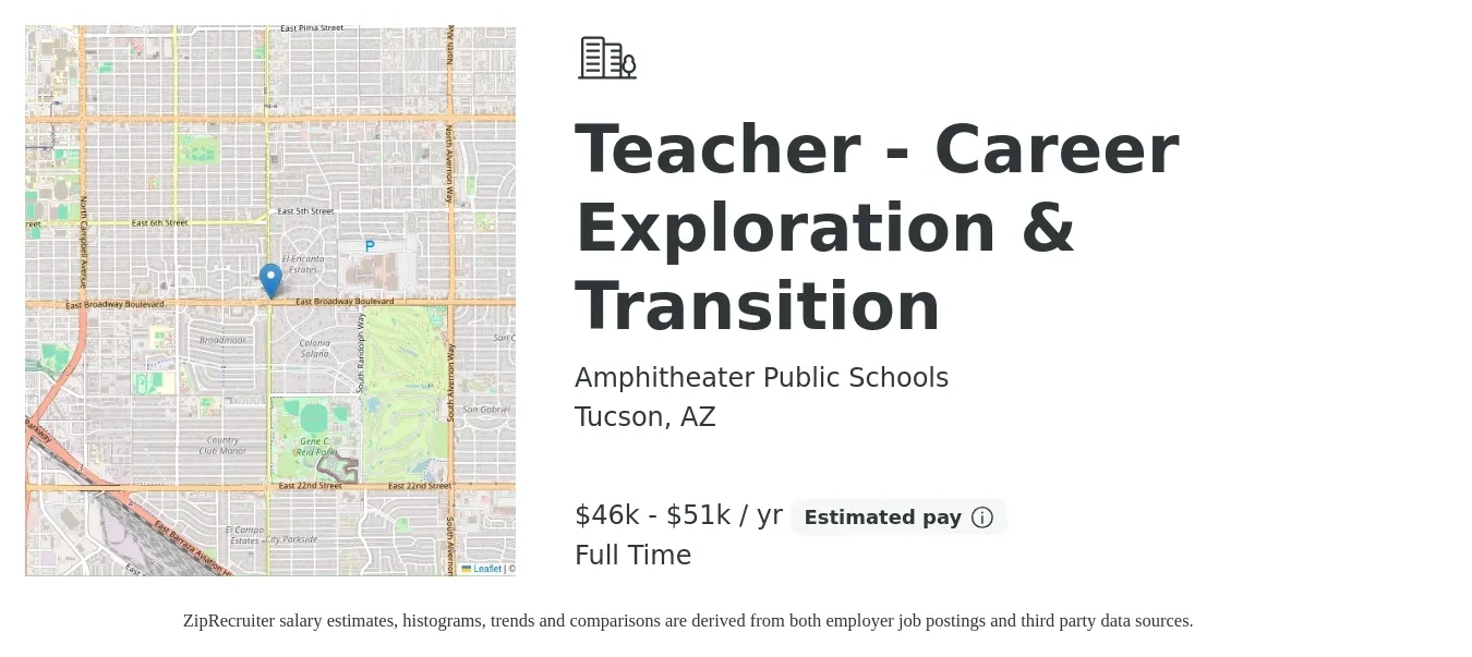 Amphitheater Public Schools job posting for a Teacher - Career Exploration & Transition in Tucson, AZ with a salary of $16 to $26 Hourly with a map of Tucson location.