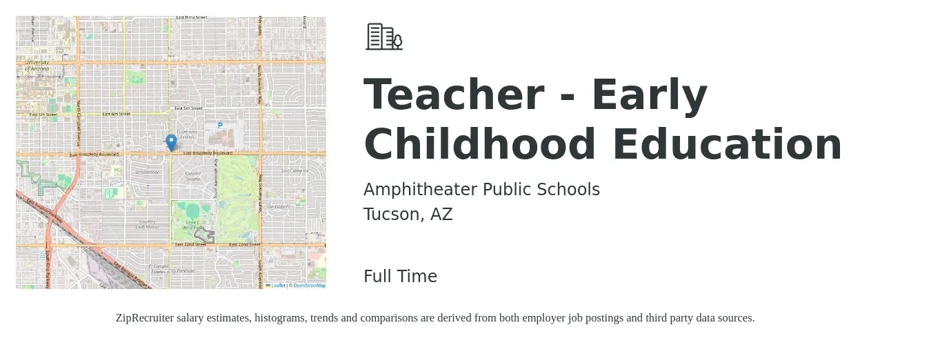 Amphitheater Public Schools job posting for a Teacher - Early Childhood Education in Tucson, AZ with a salary of $34,400 to $54,200 Yearly with a map of Tucson location.