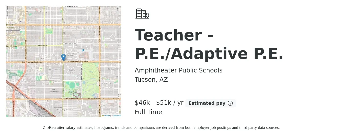 Amphitheater Public Schools job posting for a Teacher - P.E./Adaptive P.E. in Tucson, AZ with a salary of $38,700 to $52,400 Yearly with a map of Tucson location.