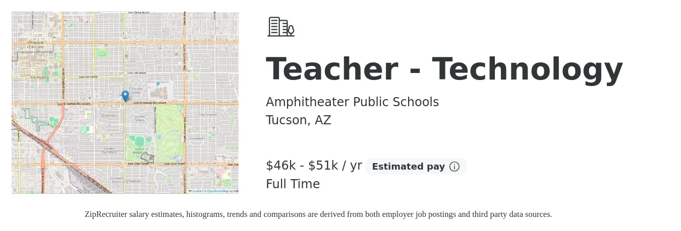 Amphitheater Public Schools job posting for a Teacher - Technology in Tucson, AZ with a salary of $35,200 to $51,600 Yearly with a map of Tucson location.