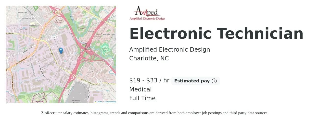 Amplified Electronic Design job posting for a Electronic Technician in Charlotte, NC with a salary of $18 to $35 Hourly and benefits including medical, and retirement with a map of Charlotte location.