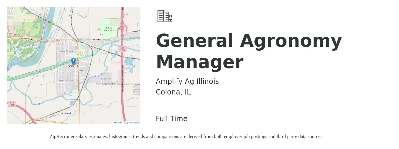 Amplify Ag Illinois job posting for a General Agronomy Manager in Colona, IL with a salary of $57,000 to $84,800 Yearly with a map of Colona location.
