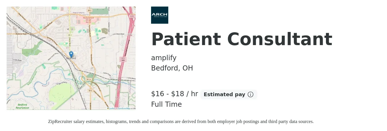 amplify job posting for a Patient Consultant in Bedford, OH with a salary of $17 to $19 Hourly with a map of Bedford location.