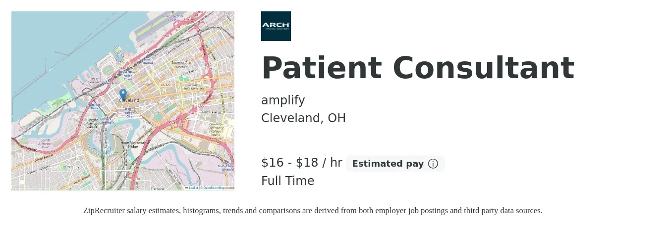 amplify job posting for a Patient Consultant in Cleveland, OH with a salary of $17 to $19 Hourly with a map of Cleveland location.