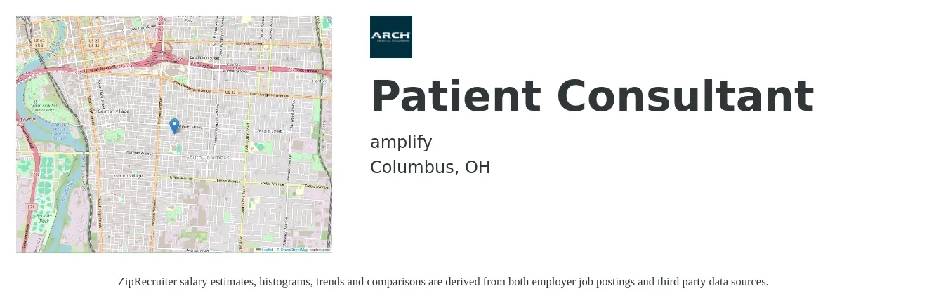 Amplify job posting for a Patient Consultant in Columbus, OH with a salary of $16 to $21 Hourly with a map of Columbus location.