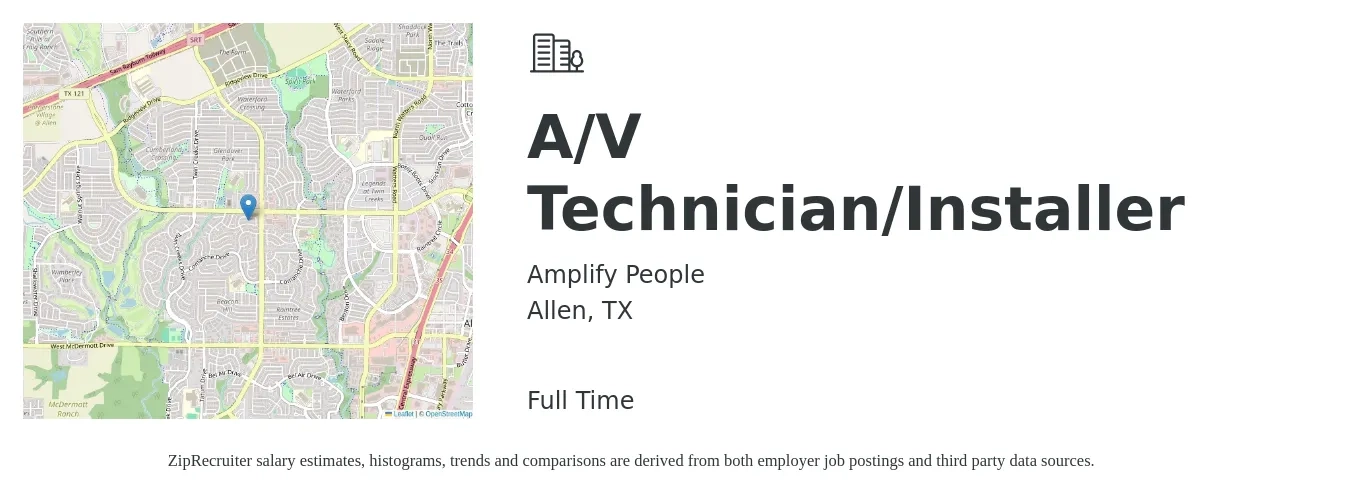 Amplify People job posting for a A/V Technician/Installer in Allen, TX with a salary of $25 to $30 Hourly with a map of Allen location.