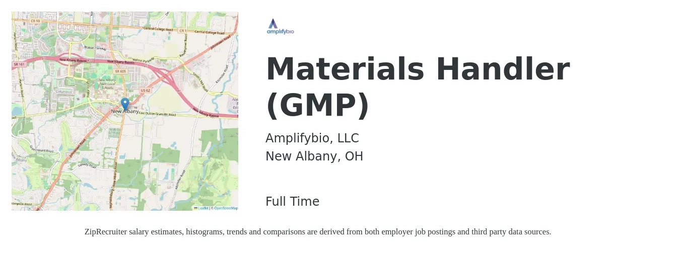 Amplifybio, LLC job posting for a Materials Handler (GMP) in New Albany, OH with a salary of $16 to $20 Hourly with a map of New Albany location.