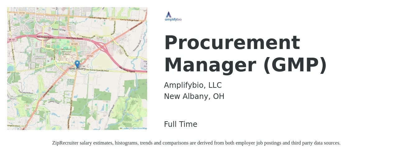 Amplifybio, LLC job posting for a Procurement Manager (GMP) in New Albany, OH with a salary of $71,100 to $109,500 Yearly with a map of New Albany location.