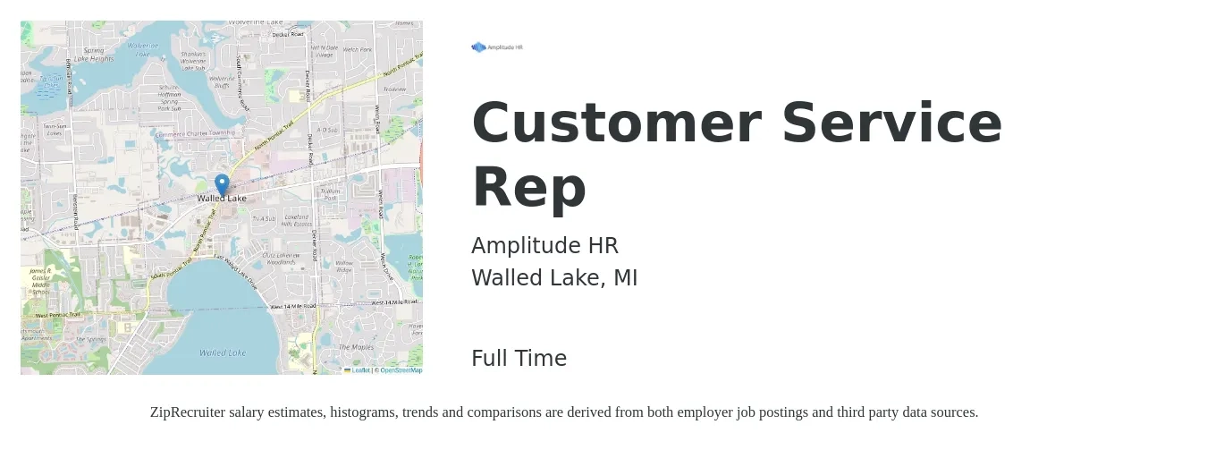 Amplitude HR job posting for a Customer Service Rep in Walled Lake, MI with a salary of $15 to $20 Hourly with a map of Walled Lake location.