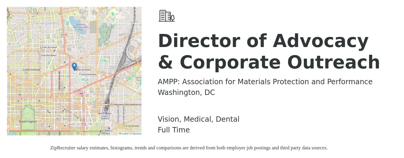 AMPP: Association for Materials Protection and Performance job posting for a Director of Advocacy & Corporate Outreach in Washington, DC with a salary of $75,300 to $112,100 Yearly and benefits including dental, life_insurance, medical, pto, retirement, and vision with a map of Washington location.