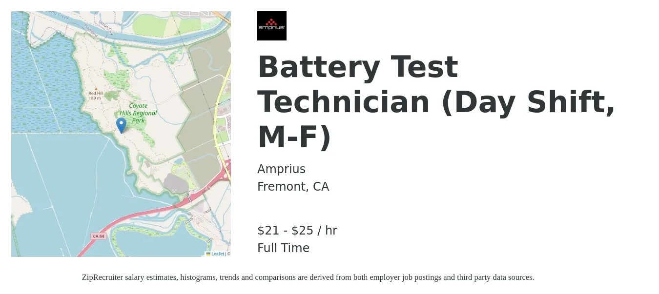 Amprius job posting for a Battery Test Technician (Day Shift, M-F) in Fremont, CA with a salary of $22 to $26 Hourly with a map of Fremont location.