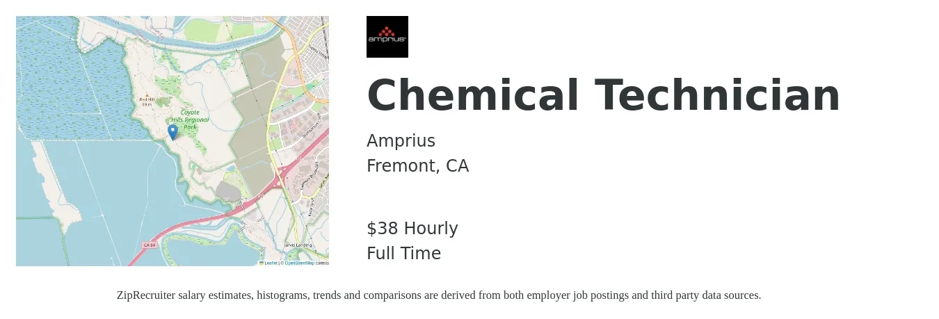 Amprius job posting for a Chemical Technician in Fremont, CA with a salary of $40 Hourly with a map of Fremont location.