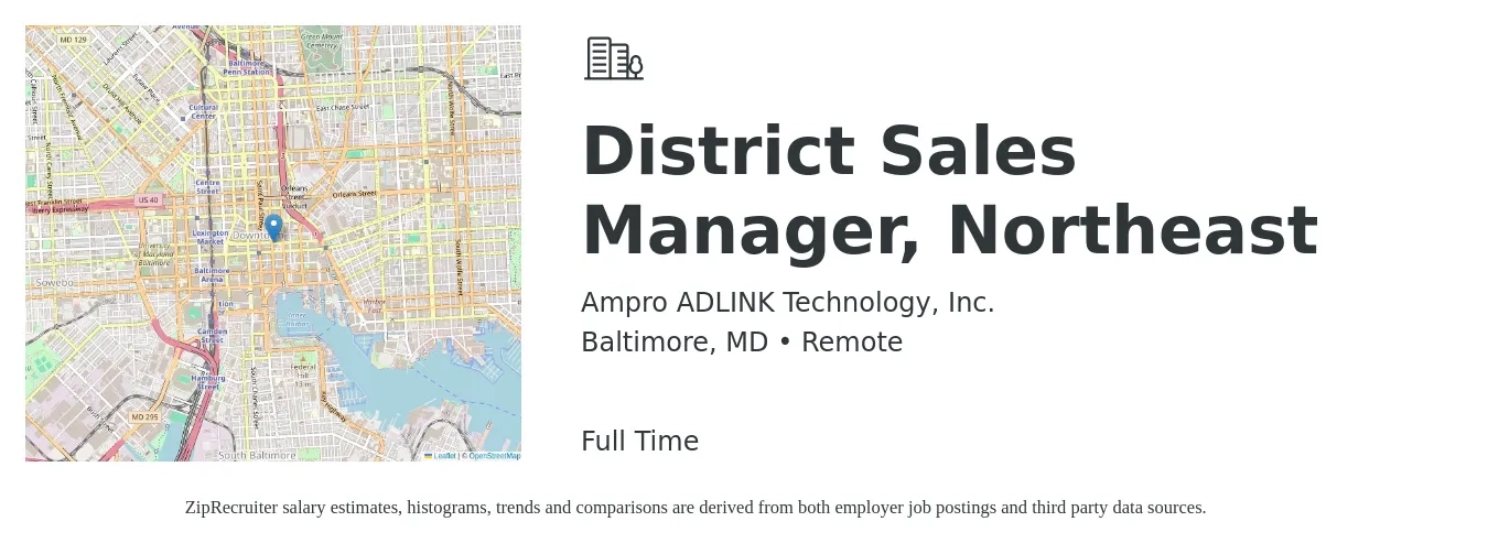 Ampro ADLINK Technology, Inc. job posting for a District Sales Manager, Northeast in Baltimore, MD with a salary of $65,600 to $100,400 Yearly with a map of Baltimore location.