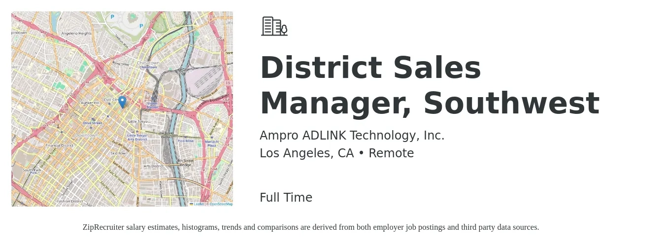 Ampro ADLINK Technology, Inc. job posting for a District Sales Manager, Southwest in Los Angeles, CA with a salary of $71,100 to $108,800 Yearly with a map of Los Angeles location.