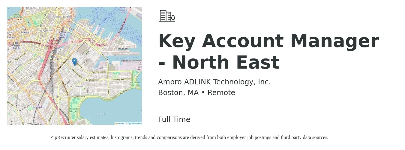 Ampro ADLINK Technology, Inc. job posting for a Key Account Manager - North East in Boston, MA with a salary of $79,300 to $120,600 Yearly with a map of Boston location.