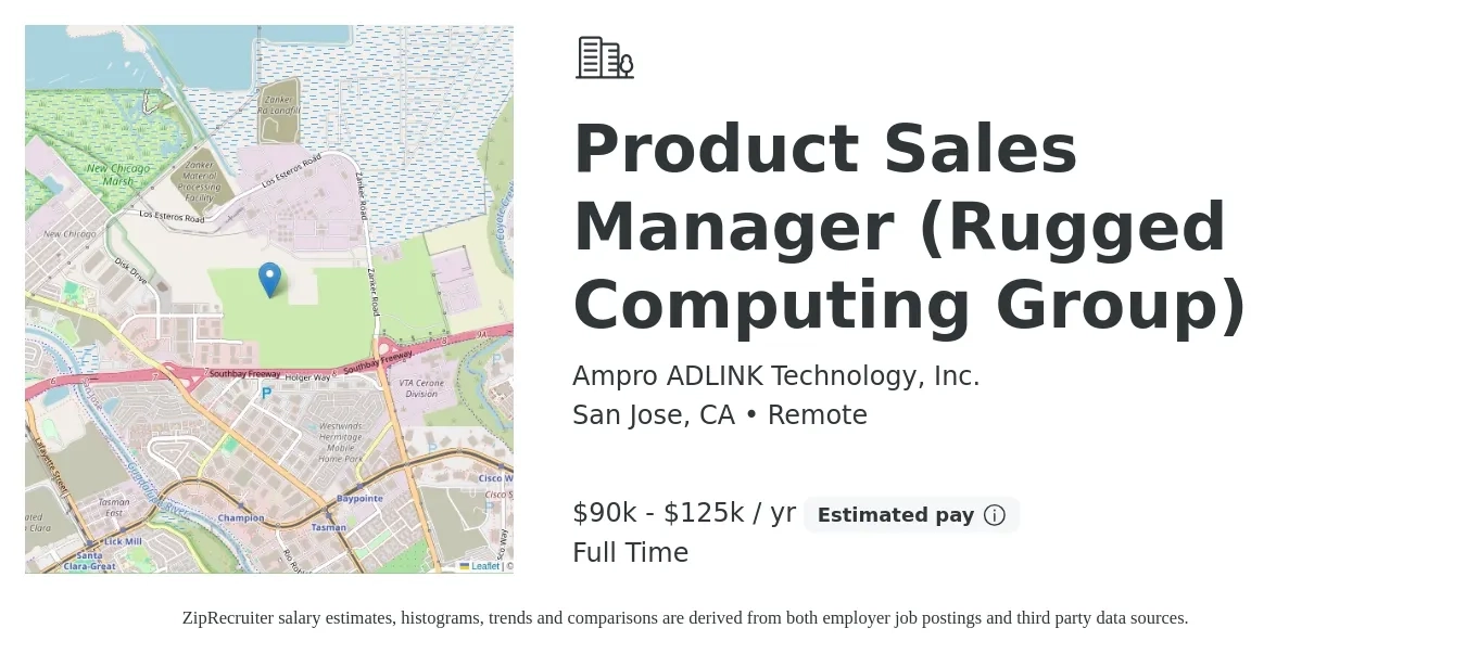 Ampro ADLINK Technology, Inc. job posting for a Product Sales Manager (Rugged Computing Group) in San Jose, CA with a salary of $90,000 to $125,000 Yearly with a map of San Jose location.