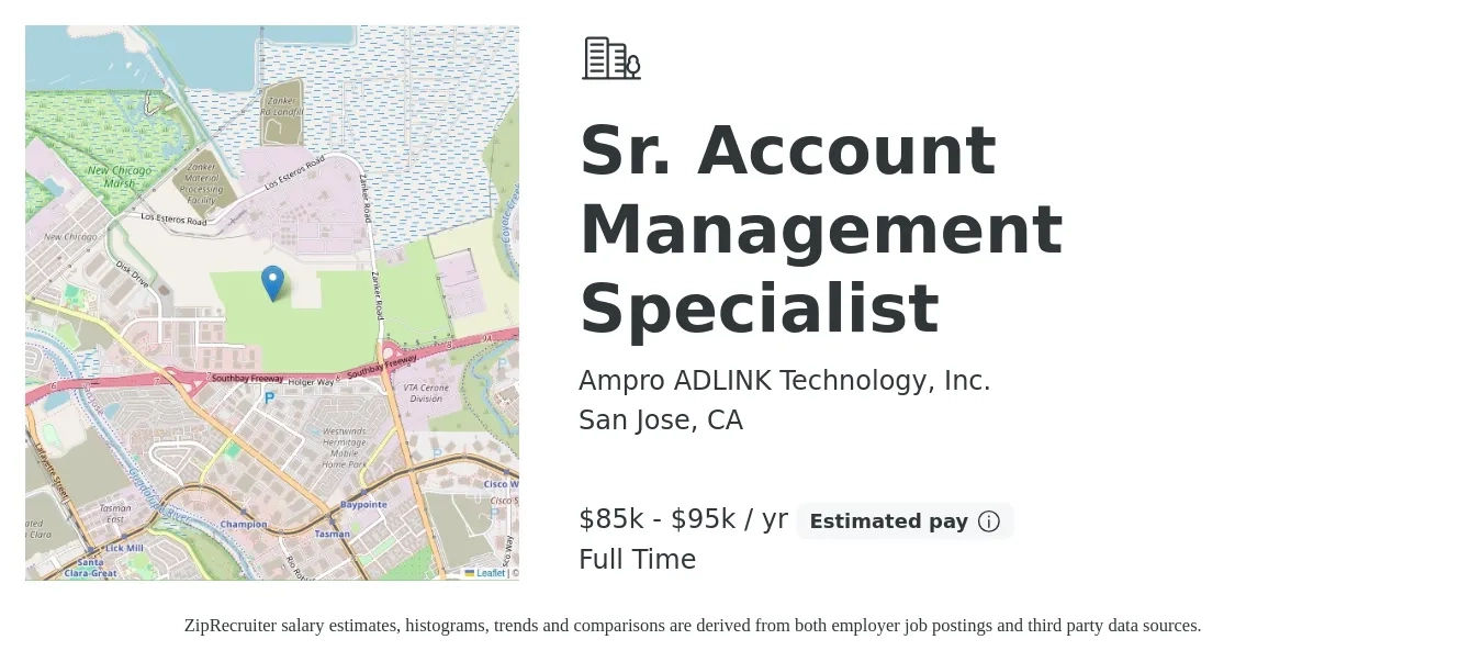 Ampro ADLINK Technology, Inc. job posting for a Sr. Account Management Specialist in San Jose, CA with a salary of $85,000 to $95,000 Yearly with a map of San Jose location.