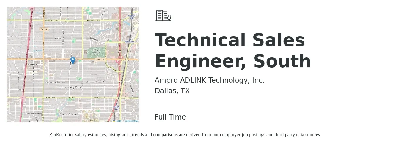 Ampro ADLINK Technology, Inc. job posting for a Technical Sales Engineer, South in Dallas, TX with a salary of $67,800 to $98,900 Yearly with a map of Dallas location.