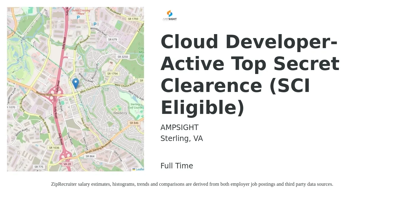 AMPSIGHT job posting for a Cloud Developer- Active Top Secret Clearence (SCI Eligible) in Sterling, VA with a salary of $56 to $76 Hourly with a map of Sterling location.