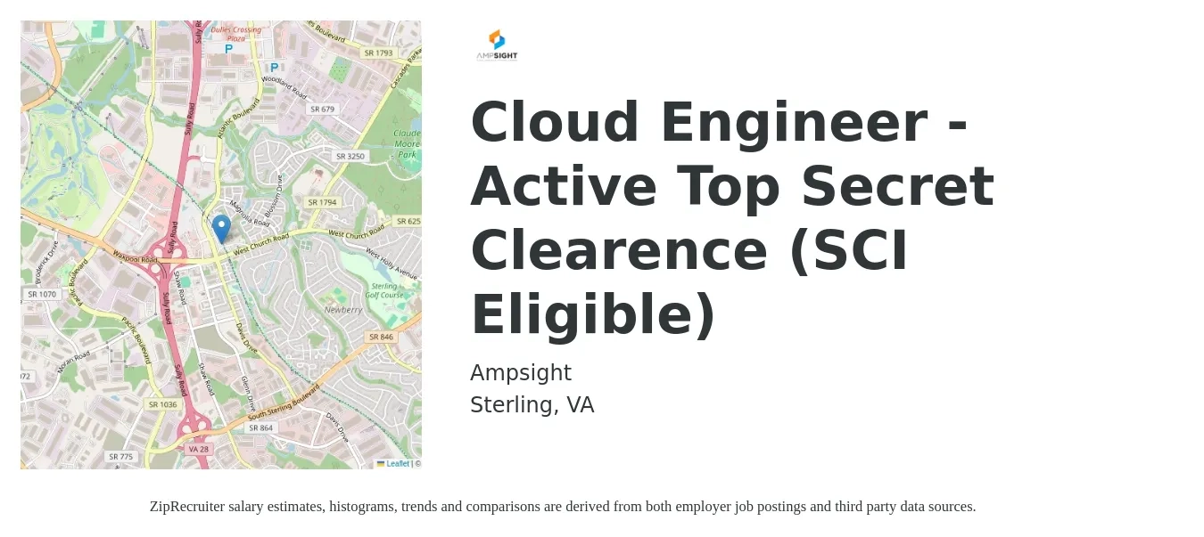 AMPSIGHT job posting for a Cloud Engineer - Active Top Secret Clearence (SCI Eligible) in Sterling, VA with a salary of $55 to $74 Hourly with a map of Sterling location.