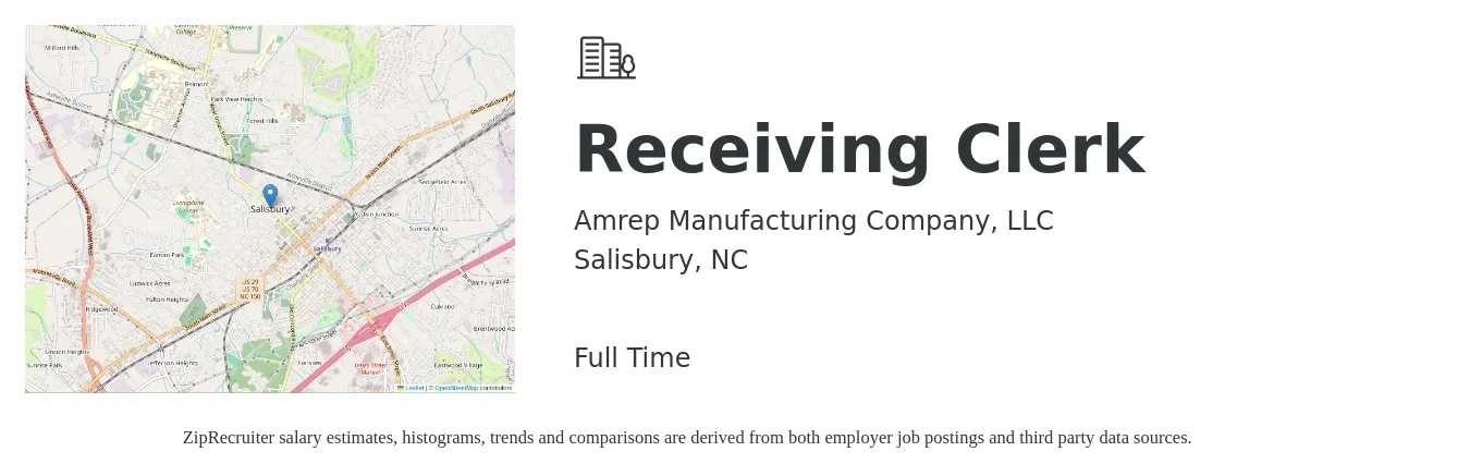 Amrep Manufacturing Company, LLC job posting for a Receiving Clerk in Salisbury, NC with a salary of $14 to $17 Hourly with a map of Salisbury location.