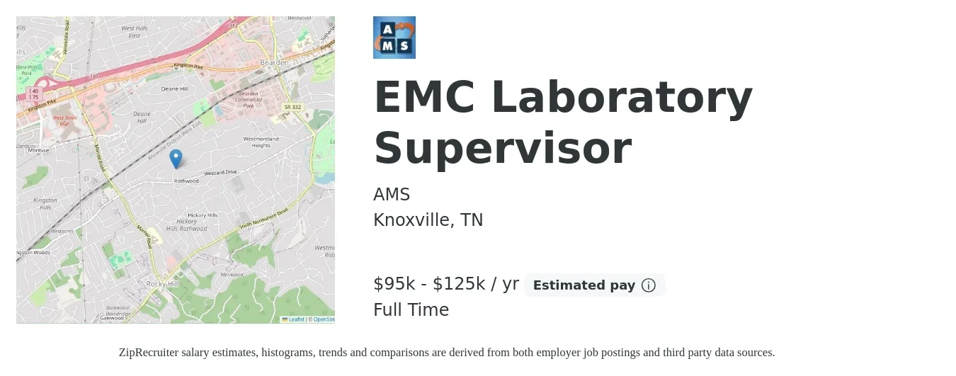 AMS job posting for a EMC Laboratory Supervisor in Knoxville, TN with a salary of $95,000 to $125,000 Yearly with a map of Knoxville location.