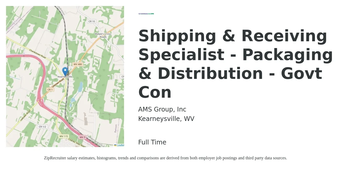 AMS Group, Inc job posting for a Shipping & Receiving Specialist - Packaging & Distribution - Govt Con in Kearneysville, WV with a salary of $18 to $21 Hourly with a map of Kearneysville location.