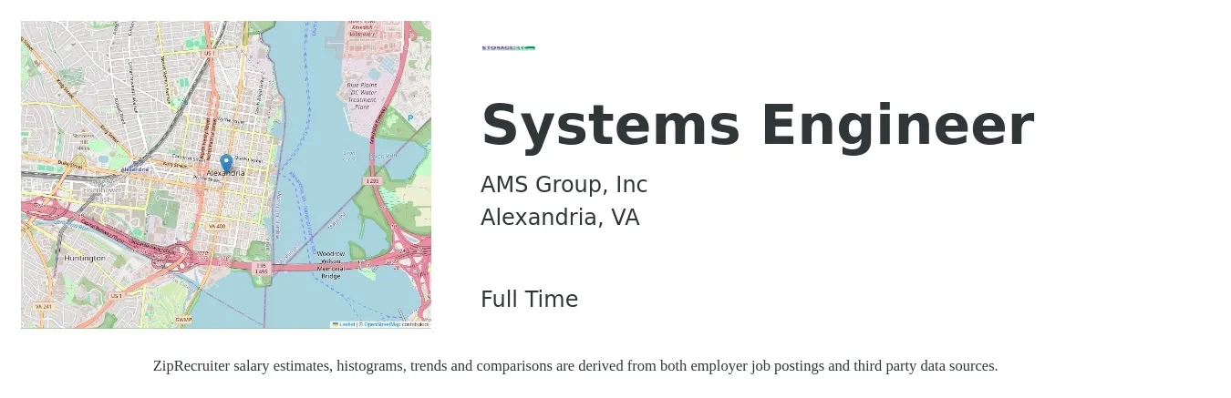 AMS Group, Inc job posting for a Systems Engineer in Alexandria, VA with a salary of $104,700 to $167,800 Yearly with a map of Alexandria location.
