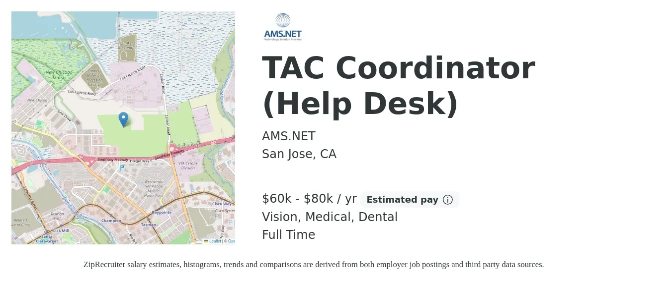 AMS.NET job posting for a TAC Coordinator (Help Desk) in San Jose, CA with a salary of $60,000 to $80,000 Yearly and benefits including vision, dental, life_insurance, medical, pto, and retirement with a map of San Jose location.