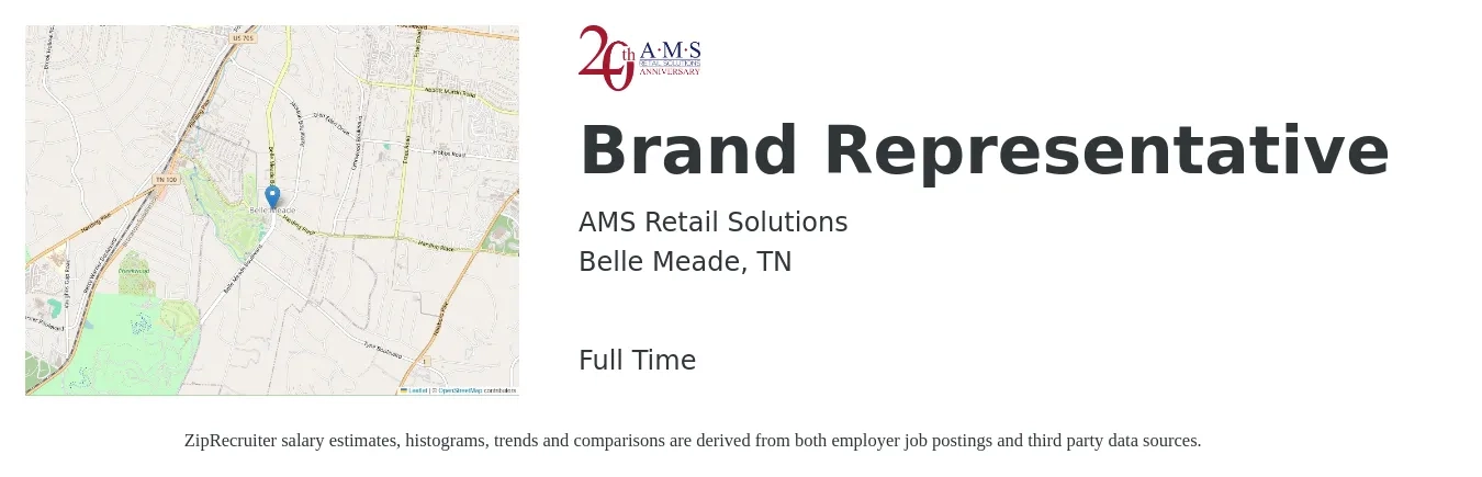 AMS Retail Solutions job posting for a Brand Representative in Belle Meade, TN with a salary of $16 to $22 Hourly with a map of Belle Meade location.