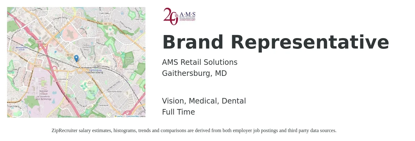 AMS Retail Solutions job posting for a Brand Representative in Gaithersburg, MD with a salary of $17 to $25 Hourly and benefits including vision, dental, life_insurance, medical, pto, and retirement with a map of Gaithersburg location.