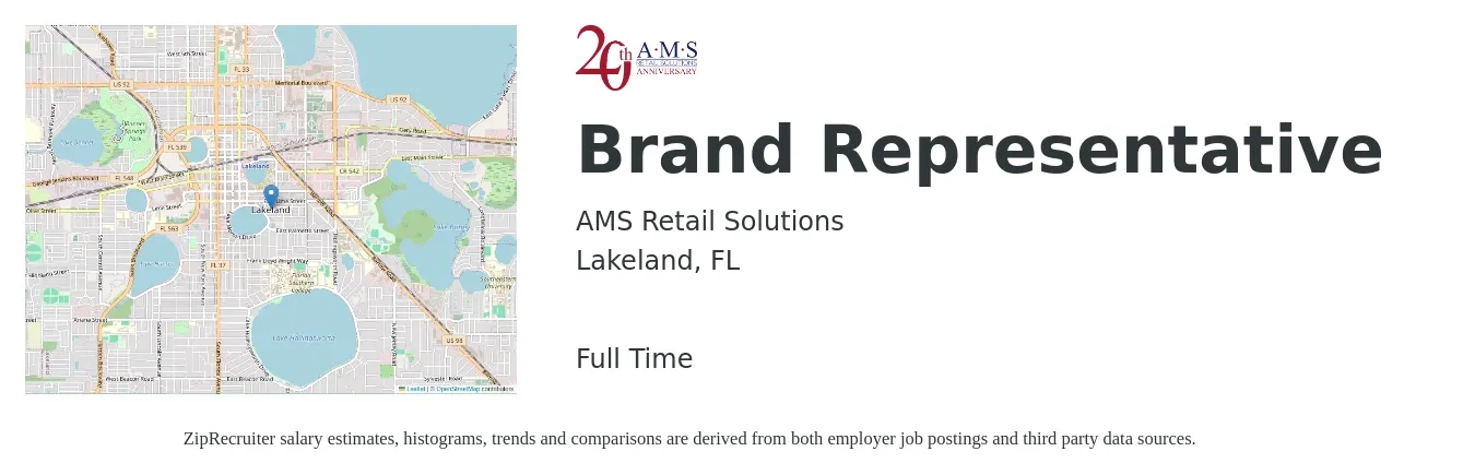AMS Retail Solutions job posting for a Brand Representative in Lakeland, FL with a salary of $15 to $22 Hourly with a map of Lakeland location.