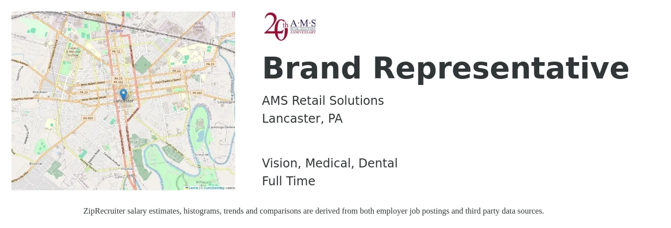 AMS Retail Solutions job posting for a Brand Representative in Lancaster, PA with a salary of $16 to $22 Hourly and benefits including dental, life_insurance, medical, pto, retirement, and vision with a map of Lancaster location.