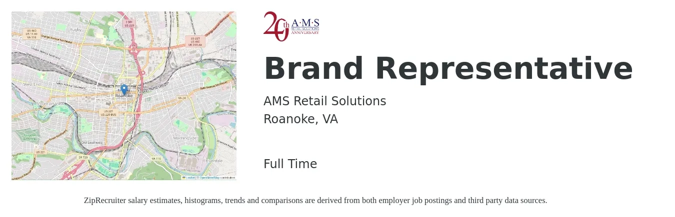 AMS Retail Solutions job posting for a Brand Representative in Roanoke, VA with a salary of $16 to $22 Hourly with a map of Roanoke location.