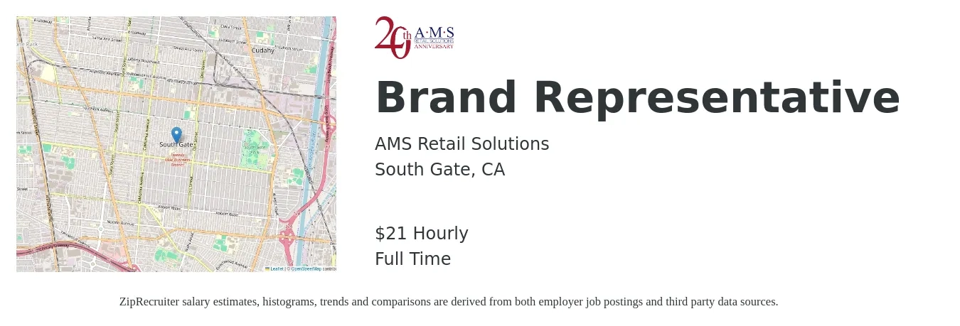 AMS Retail Solutions job posting for a Brand Representative in South Gate, CA with a salary of $22 Hourly with a map of South Gate location.